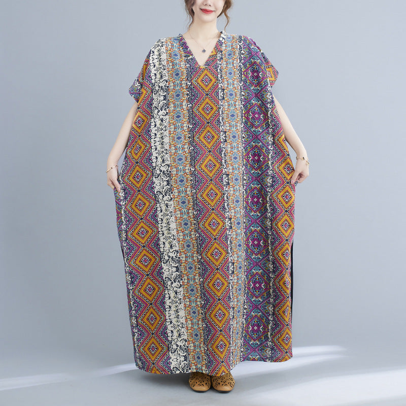 Cotton Linen VNeck Colorblock Maternity Maxi Dress Loose Casual Robe - Berlure