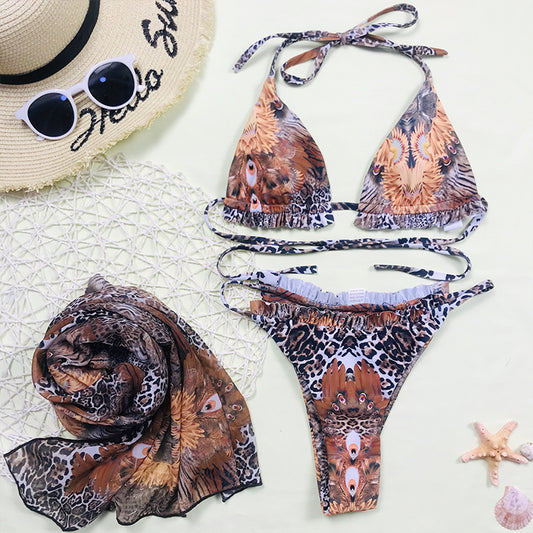Leopard Digital Print Sexy Three-piece Bikini Swimsuit - Berlure