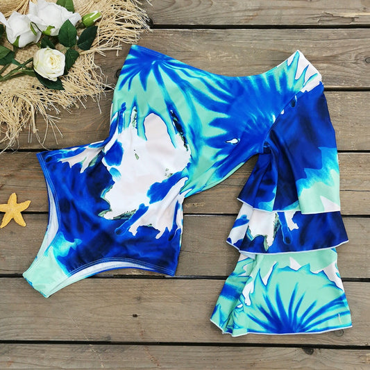 One-shoulder Long-sleeved Flashing One-piece Swimsuit Women High Waist Printed Tie-dye - Berlure