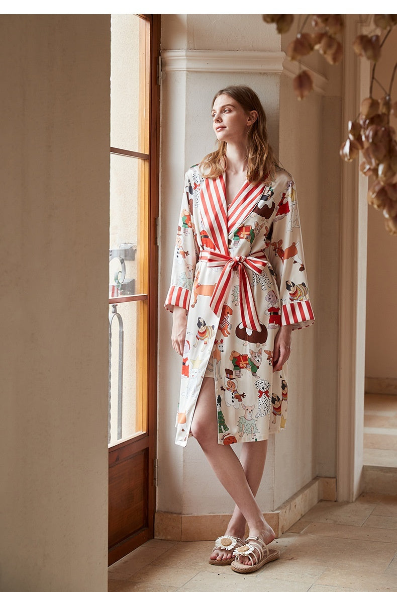 Thin Contrast Color Pajamas Ice Silk Robe Loose Homewear - Berlure