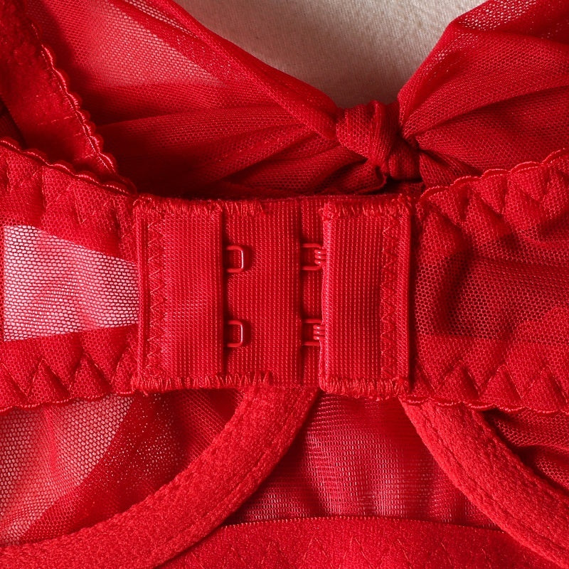 Red Mesh Bra Bow Bandage See-through Sexy Lingerie Set - Berlure