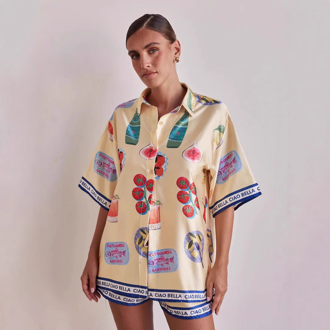 Casual Homewear Cartoon Lapel Cardigan Short Sleeve Shorts Suit - Berlure