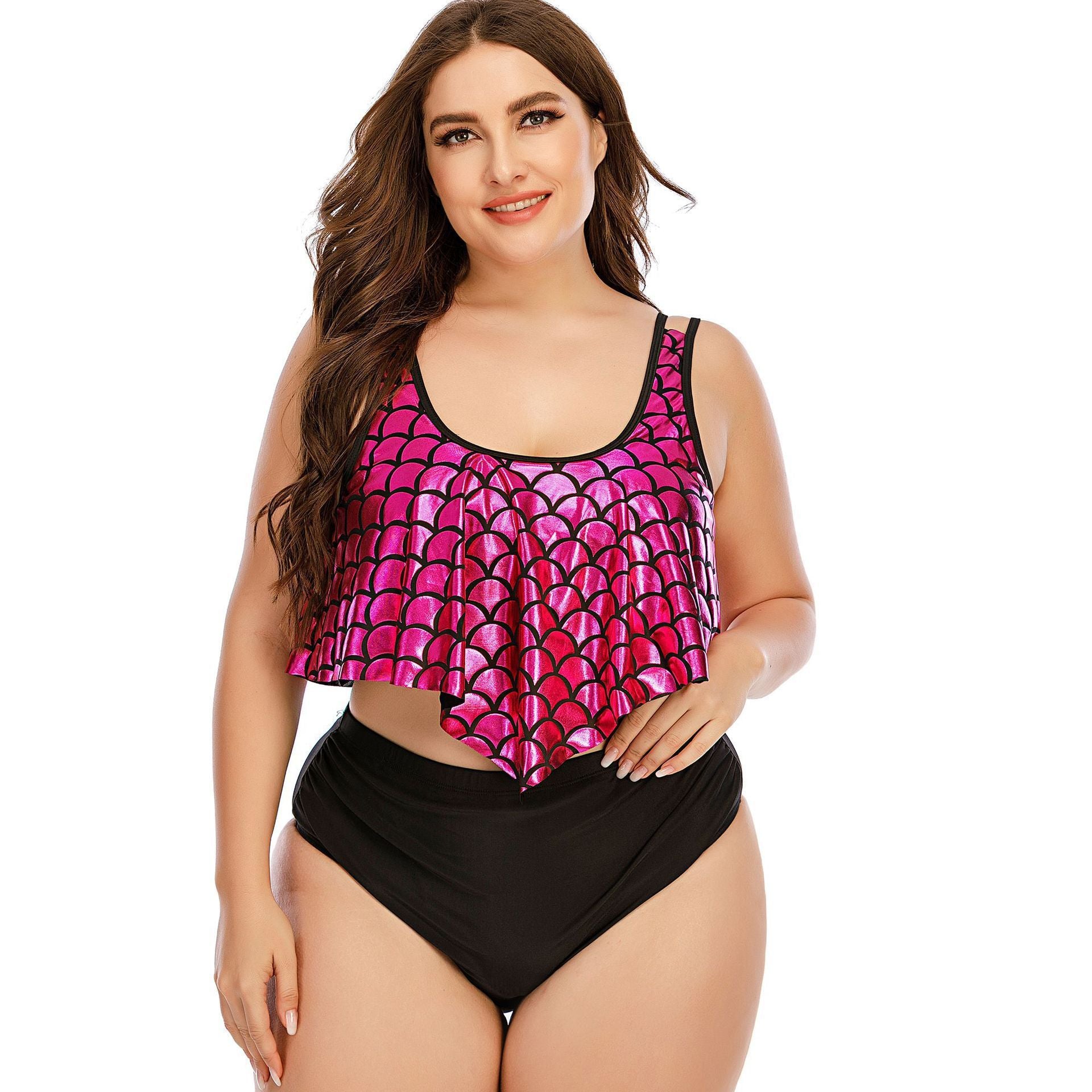 Fish Scale Print Loose Lotus Leaf Large Size Split High Waist Swimsuit Women - Berlure