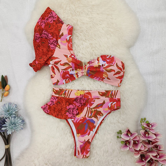 New One-shoulder Ruffled Printed Split Swimsuit Women's Bikini European And American High Waist - Berlure