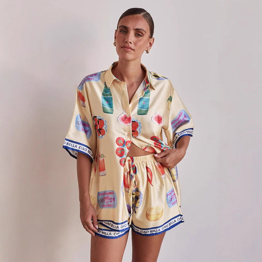 Casual Homewear Cartoon Lapel Cardigan Short Sleeve Shorts Suit - Berlure