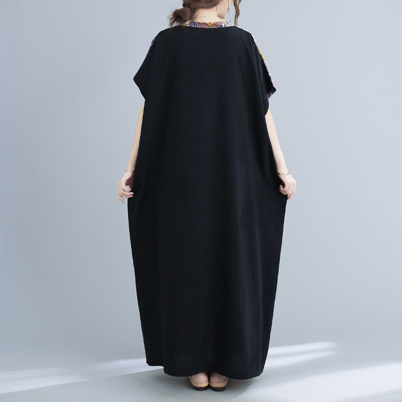 Cotton Linen VNeck Colorblock Maternity Maxi Dress Loose Casual Robe - Berlure