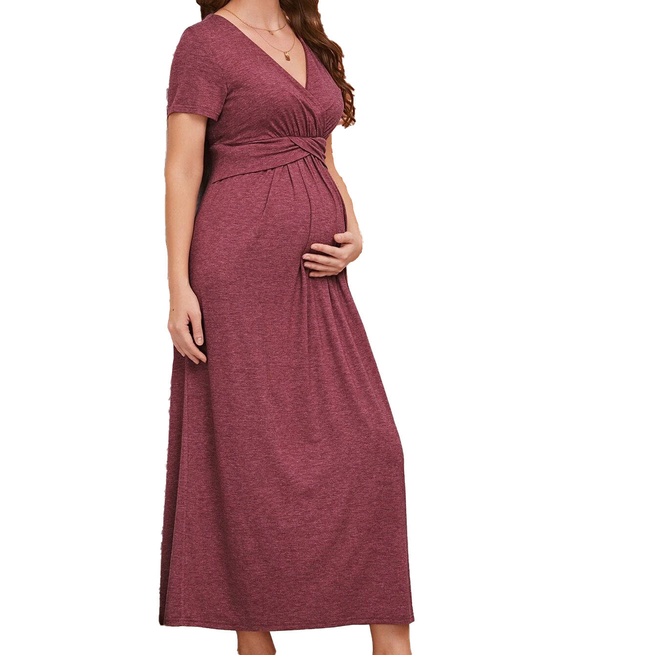 Red Long Skirt Short Sleeve Maternity Dress Breastfeeding Dress - Berlure