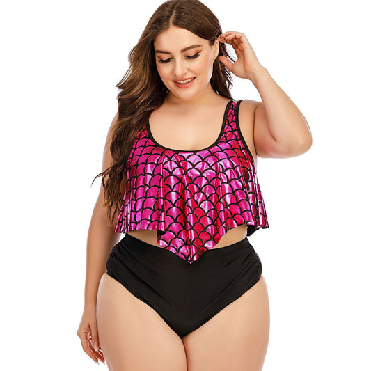 Fish Scale Print Loose Lotus Leaf Large Size Split High Waist Swimsuit Women - Berlure
