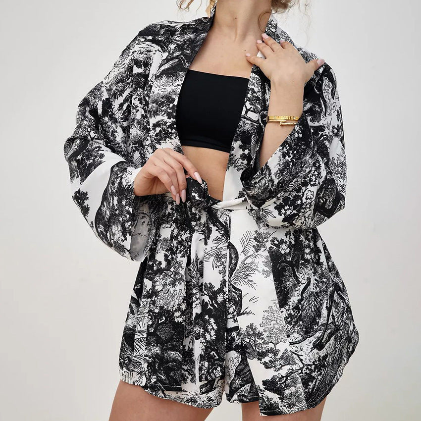 Comfortable Blue Soft Printed Long Sleeve Shorts Pajamas Suit - Berlure