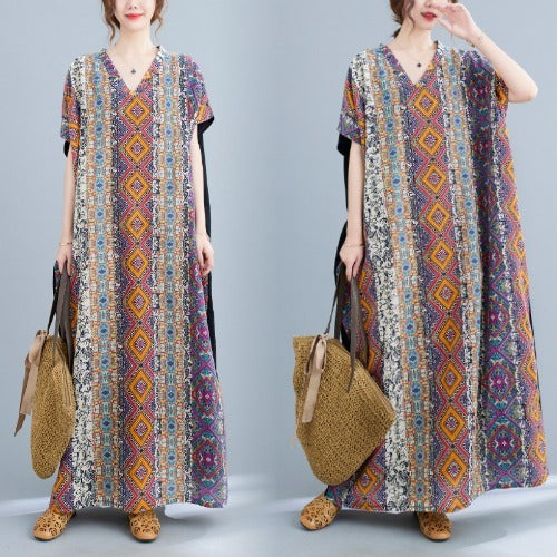 Cotton Linen VNeck Colorblock Maternity Maxi Dress Loose Casual Robe - Berlure
