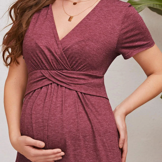 Red Long Skirt Short Sleeve Maternity Dress Breastfeeding Dress - Berlure