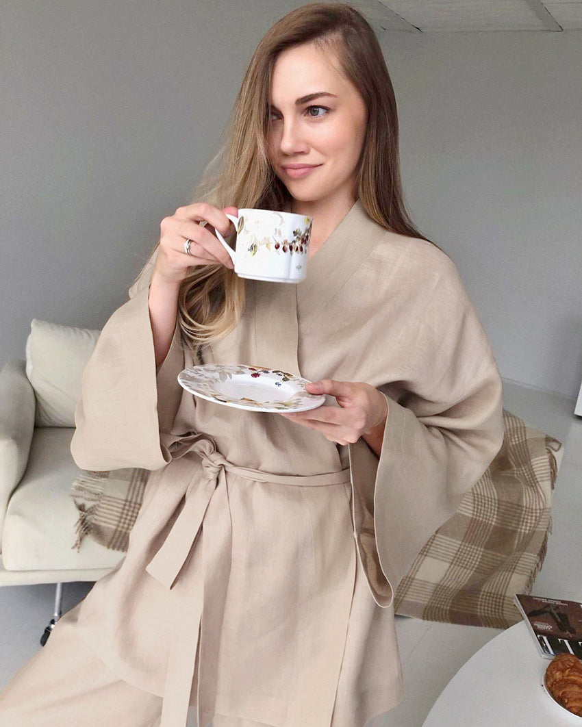 Ladies' Robe Trousers Casual Cotton And Linen Suit Homewear Outerwear - Berlure