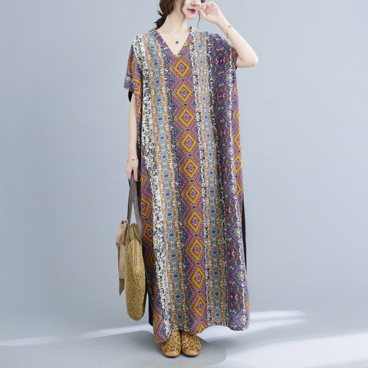 Cotton Linen VNeck Colorblock Maternity Maxi Dress Loose Casual Robe - Berlure