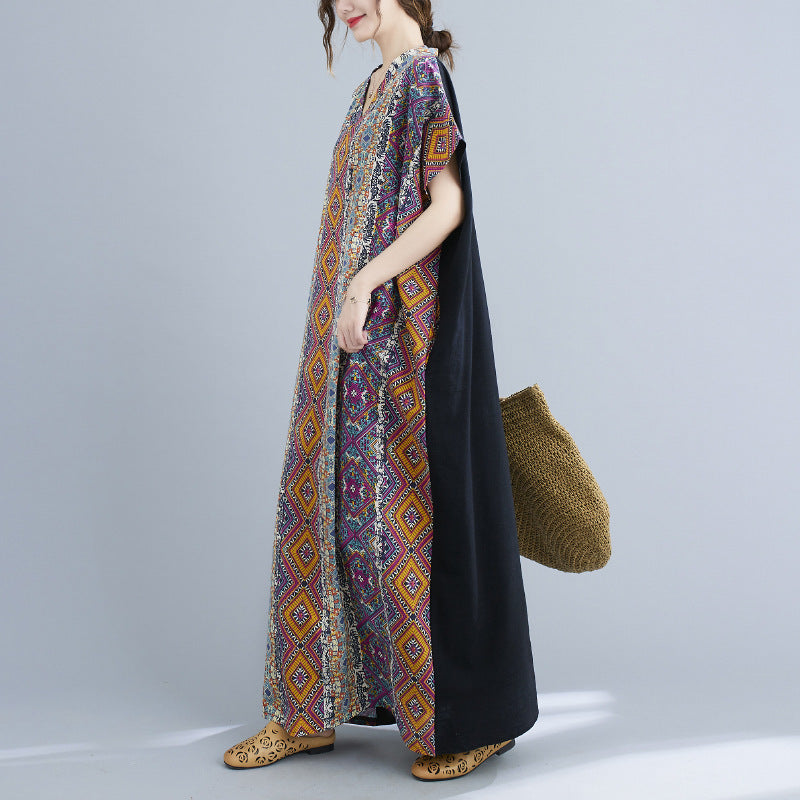 Cotton Linen VNeck Colorblock Maternity Maxi Dress Loose Casual Robe - Berlure