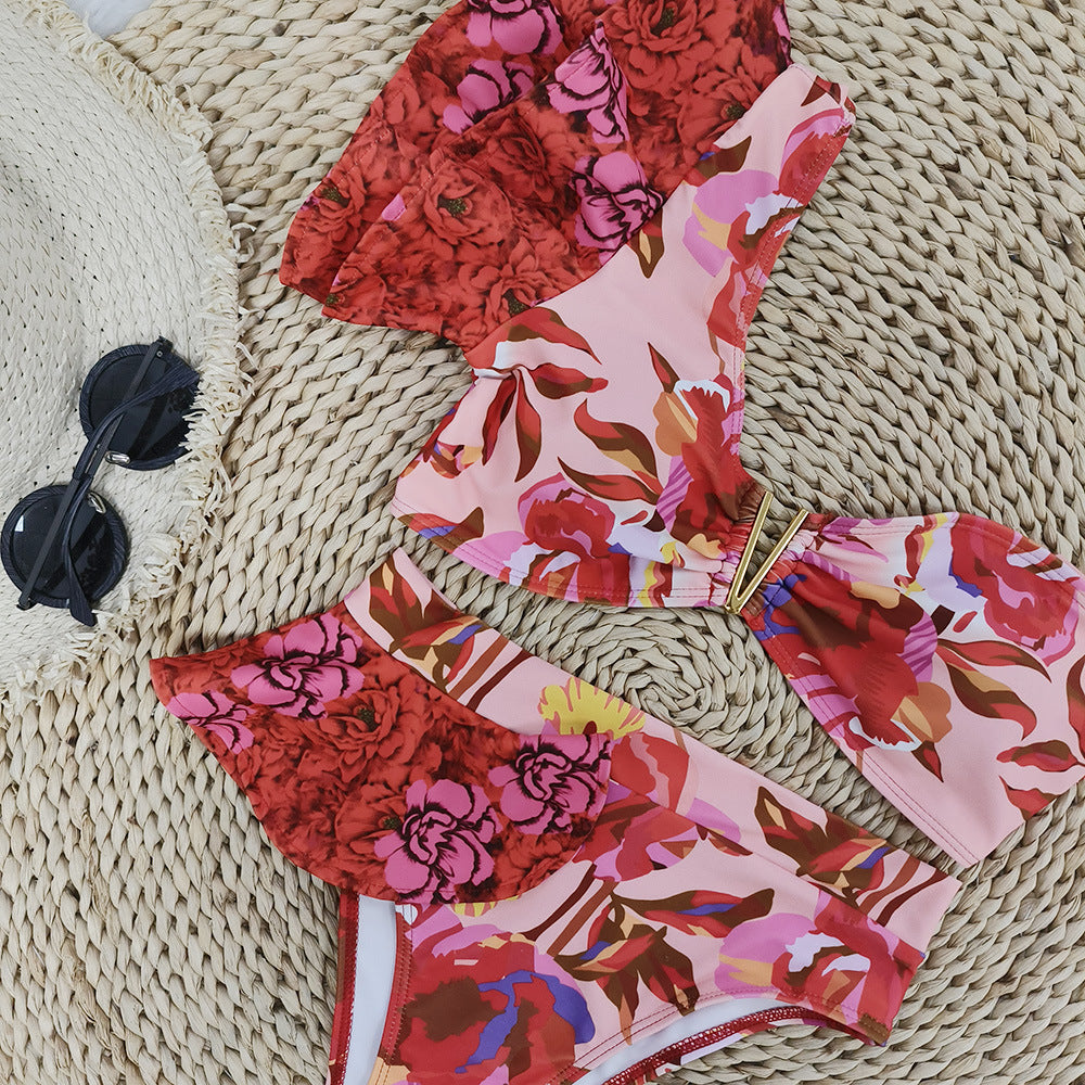 New One-shoulder Ruffled Printed Split Swimsuit Women's Bikini European And American High Waist - Berlure