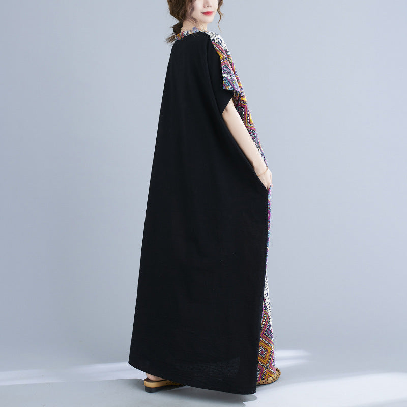 Cotton Linen VNeck Colorblock Maternity Maxi Dress Loose Casual Robe - Berlure
