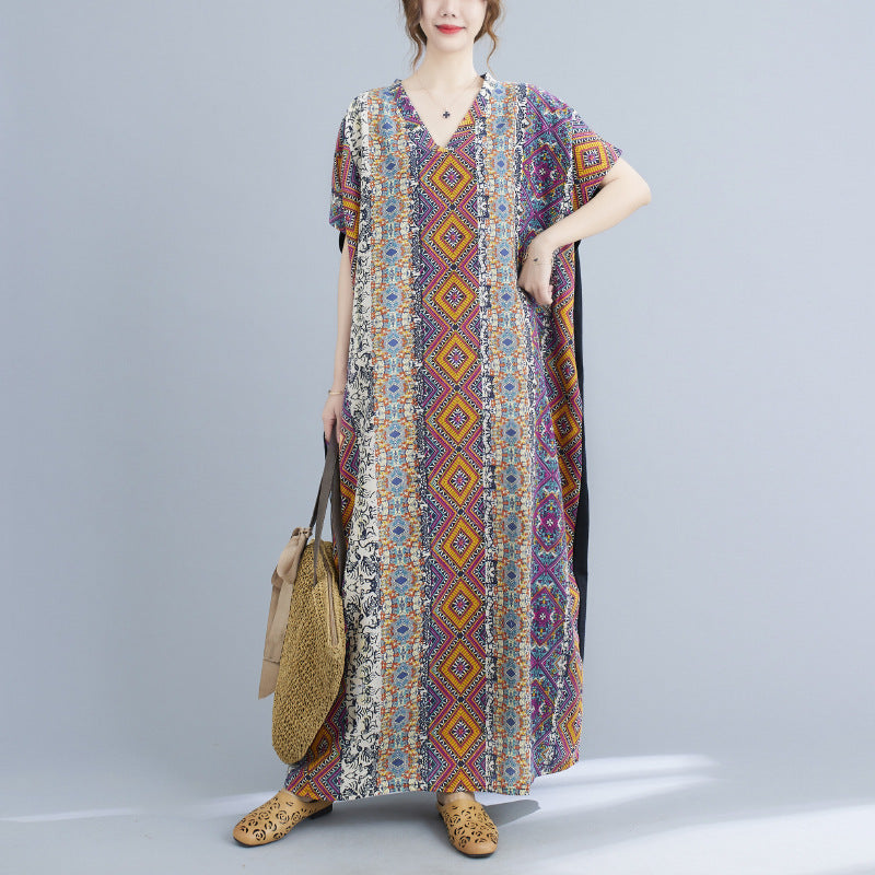 Cotton Linen VNeck Colorblock Maternity Maxi Dress Loose Casual Robe - Berlure