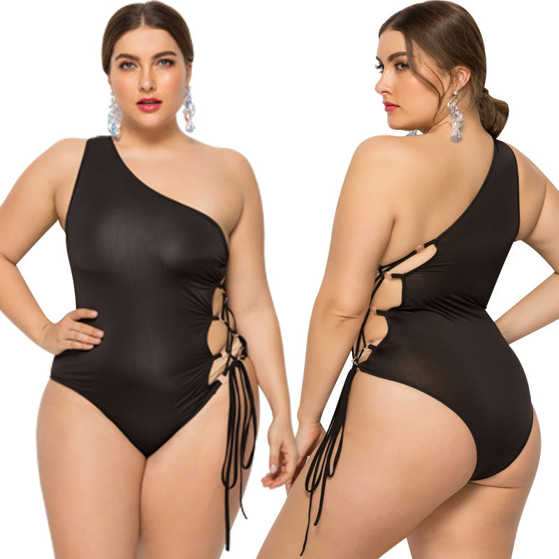 New Style Foreign Trade Oblique Shoulder Plus Fat Swimsuit European And American One-piece Bikini Swimsuit Female Plus Size Swimsuit - Berlure