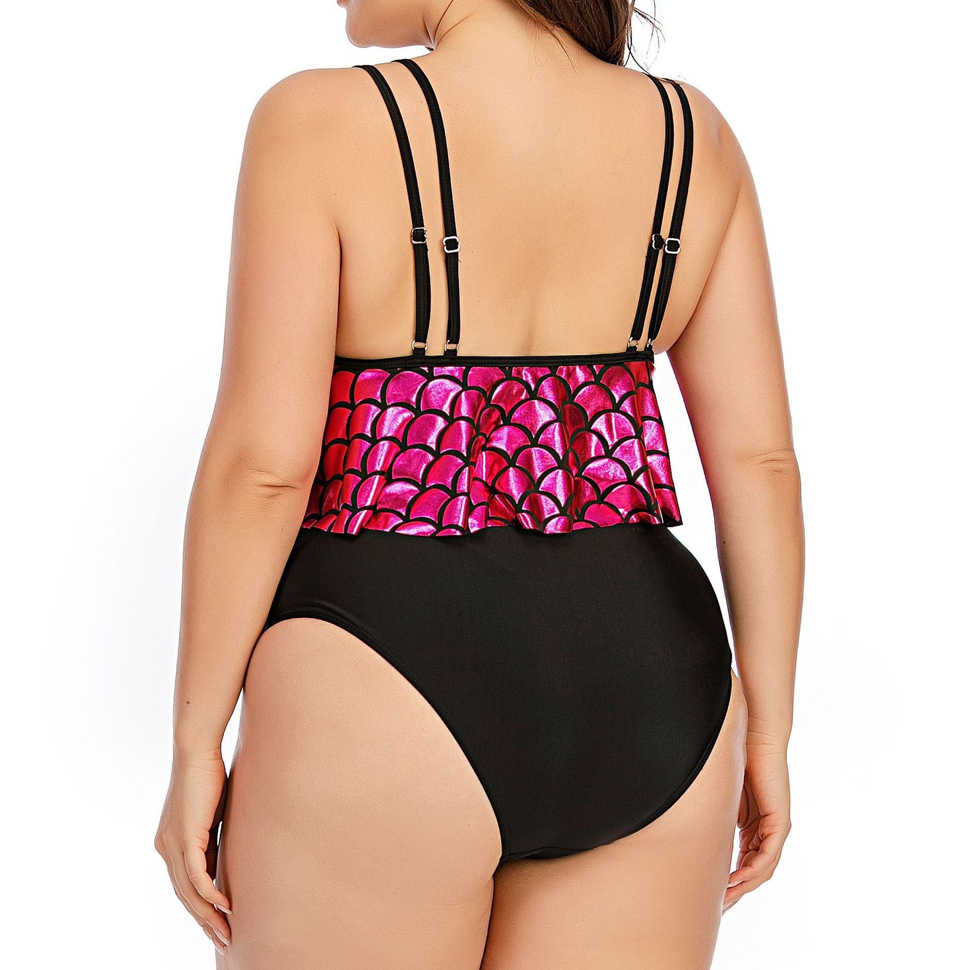 Fish Scale Print Loose Lotus Leaf Large Size Split High Waist Swimsuit Women - Berlure