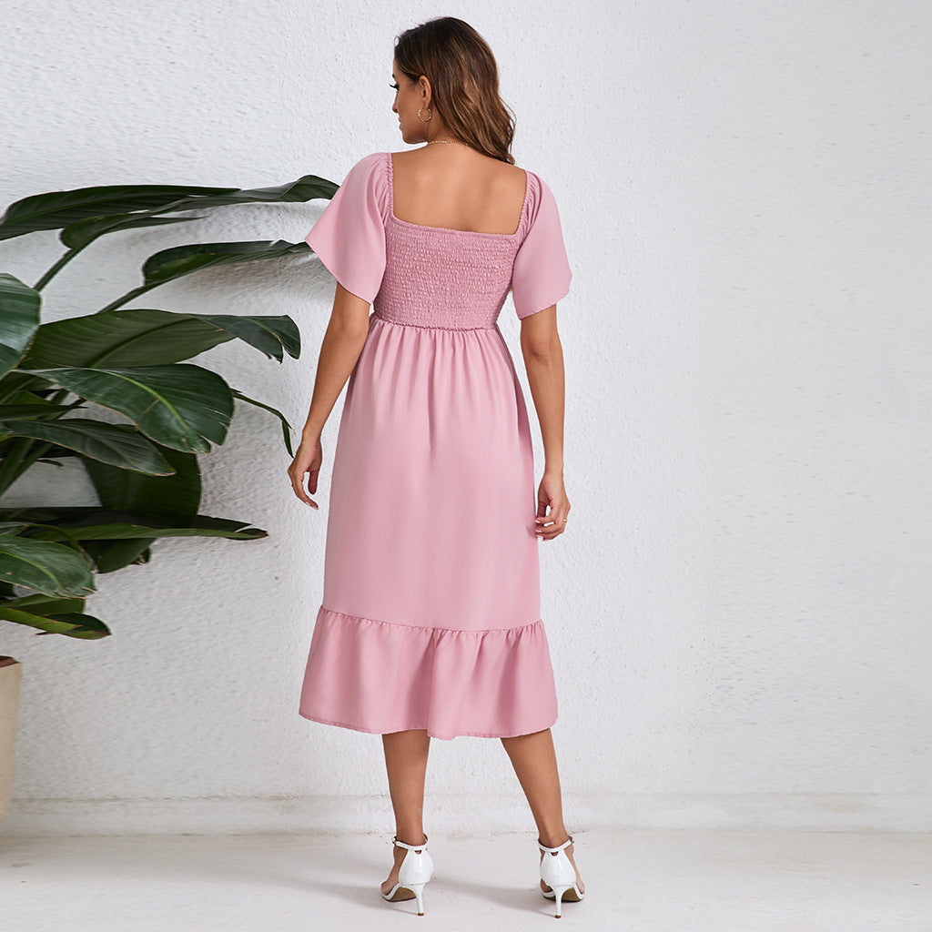 Summer Solid Color Chiffon Smocking Pregnant Women Dress Short Sleeve - Berlure