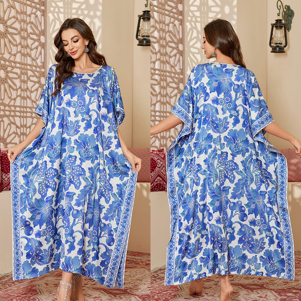 Satin Pajamas Mid-East Wind Loose Gorgeous Printed Blouse Robe - Berlure