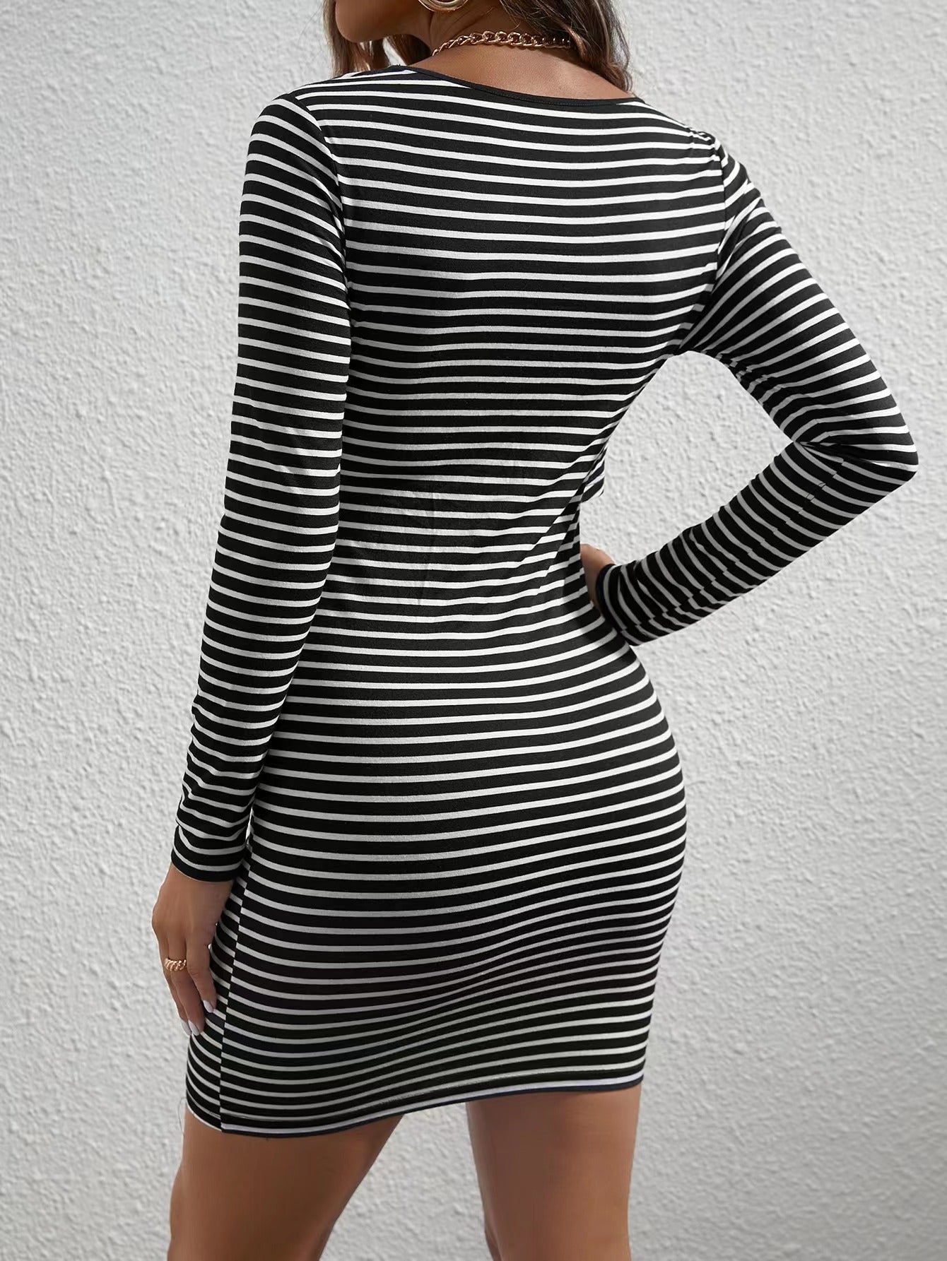 Round Neck Long Sleeve Striped Maternity Dress Jumpsuit Skirt - Berlure