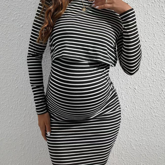 Round Neck Long Sleeve Striped Maternity Dress Jumpsuit Skirt - Berlure