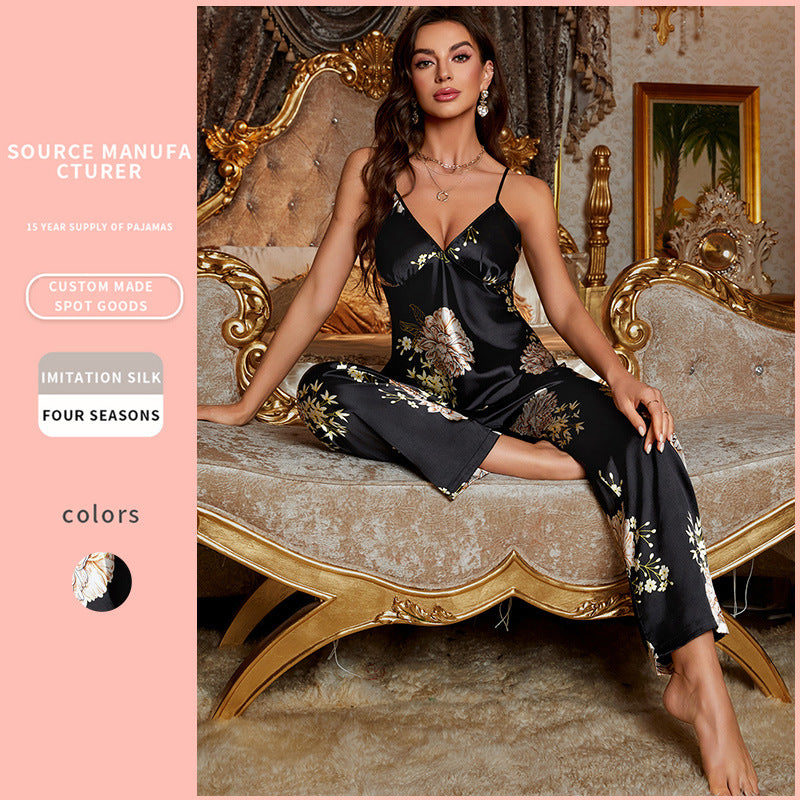 Pajamas Simple Camisole Trousers Pajamas Suit Artificial Silk Comfortable Homewear - Berlure