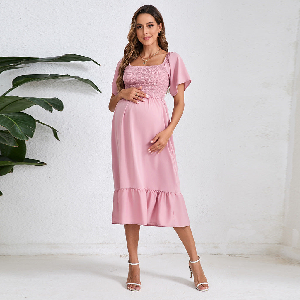 Summer Solid Color Chiffon Smocking Pregnant Women Dress Short Sleeve - Berlure