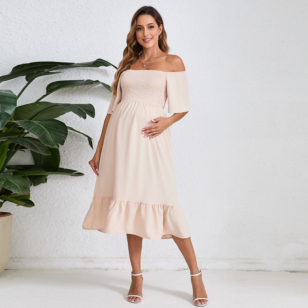 Summer Solid Color Chiffon Smocking Pregnant Women Dress Short Sleeve - Berlure