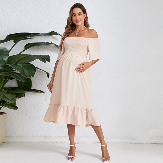Summer Solid Color Chiffon Smocking Pregnant Women Dress Short Sleeve - Berlure