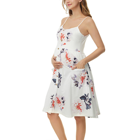 Women's Fashion Sunflower Print Pocket Sling Maternity Dress - Berlure