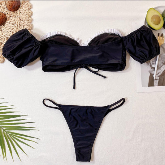 Solid Flash Short-sleeved Split Cut-out Bikini - Berlure