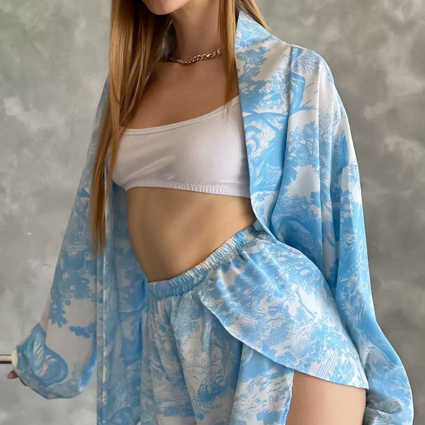 Comfortable Blue Soft Printed Long Sleeve Shorts Pajamas Suit - Berlure
