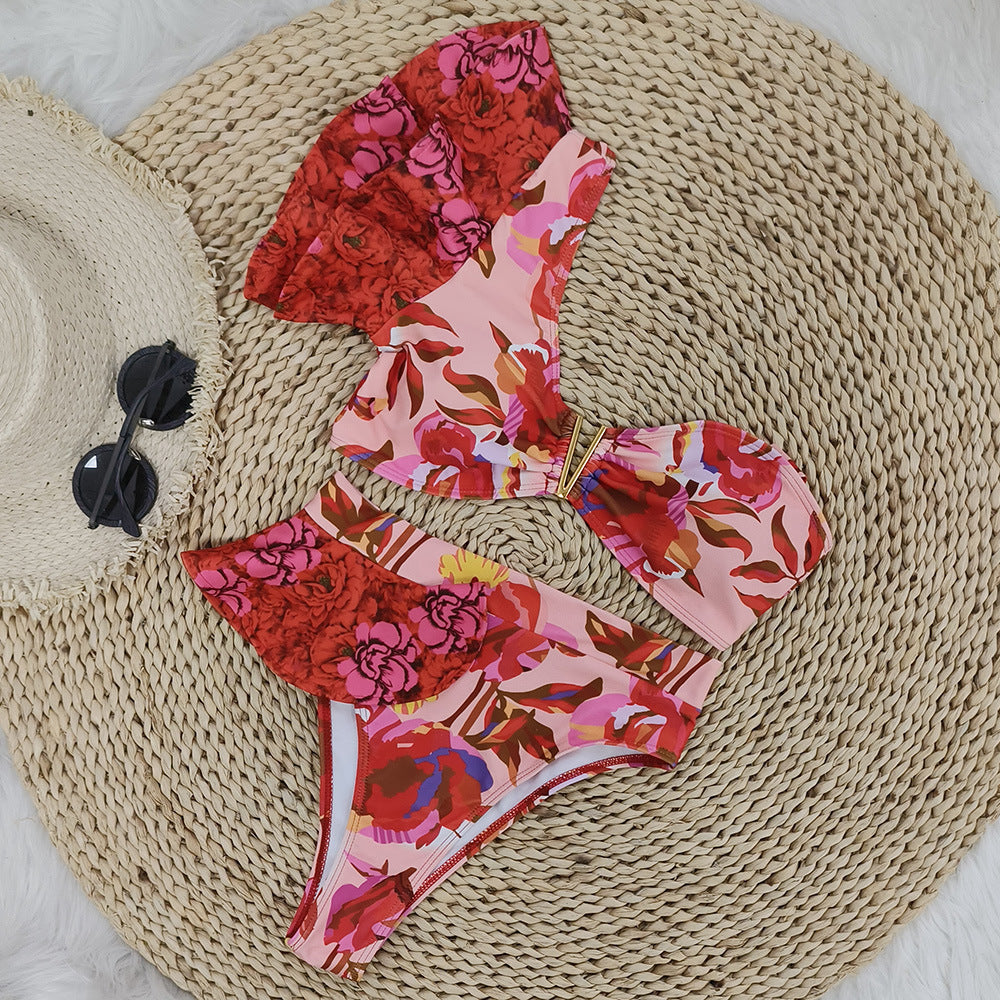 New One-shoulder Ruffled Printed Split Swimsuit Women's Bikini European And American High Waist - Berlure