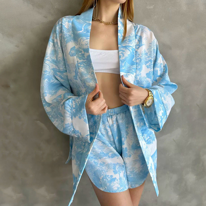 Comfortable Blue Soft Printed Long Sleeve Shorts Pajamas Suit - Berlure