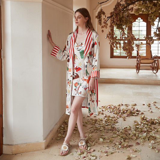 Thin Contrast Color Pajamas Ice Silk Robe Loose Homewear - Berlure