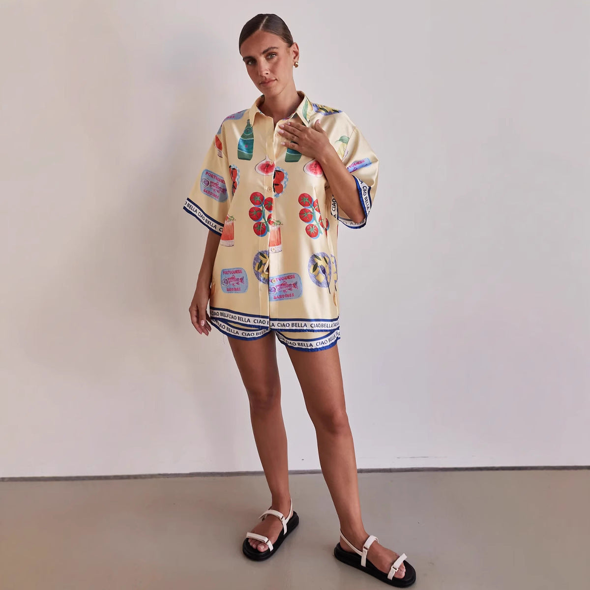 Casual Homewear Cartoon Lapel Cardigan Short Sleeve Shorts Suit - Berlure