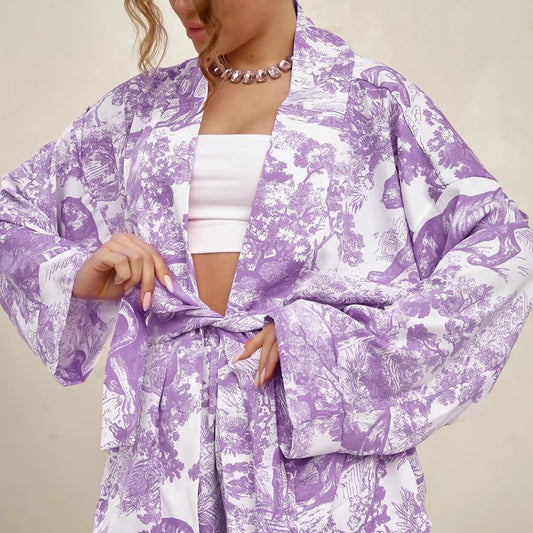 Comfortable Blue Soft Printed Long Sleeve Shorts Pajamas Suit - Berlure