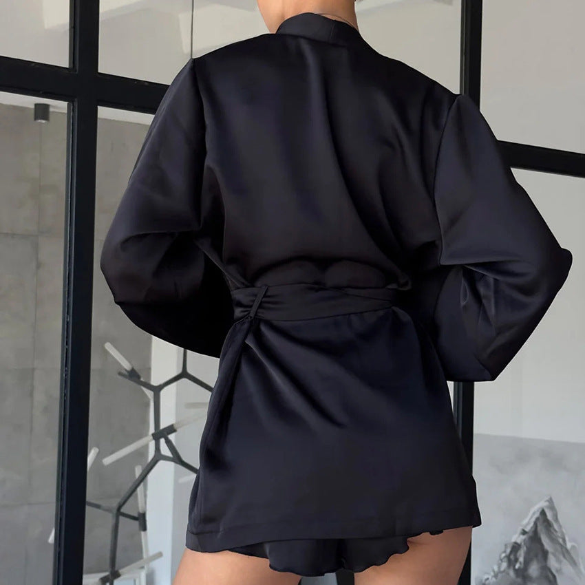 Women's Sling Cardigan Nightgown Shorts Pajamas Three-piece Home Wear - Berlure