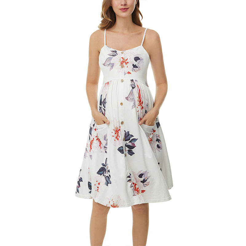 Women's Fashion Sunflower Print Pocket Sling Maternity Dress - Berlure