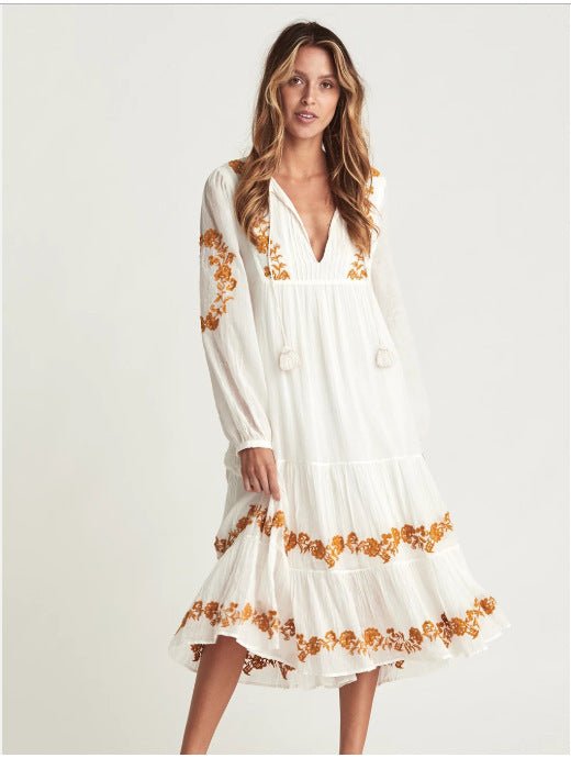 V - neck Embroidered Maternity Long Skirt Dress | Maternity wear | Berlure