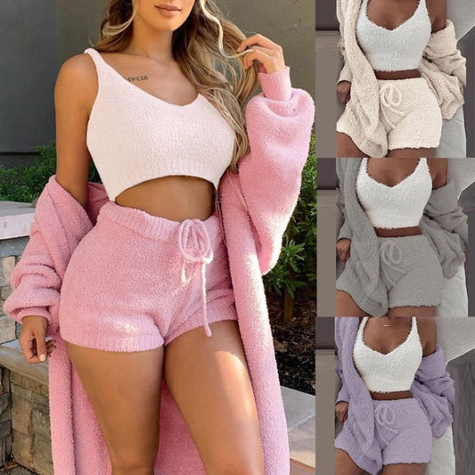 Winter Sexy Women Home Wear Suit Casual Pajamas Set Female Soft Warm Long Sleeve Exposed Navel Vest Shorts Set | Lingerie | Berlure