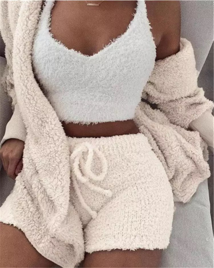 Winter Sexy Women Home Wear Suit Casual Pajamas Set Female Soft Warm Long Sleeve Exposed Navel Vest Shorts Set | Lingerie | Berlure