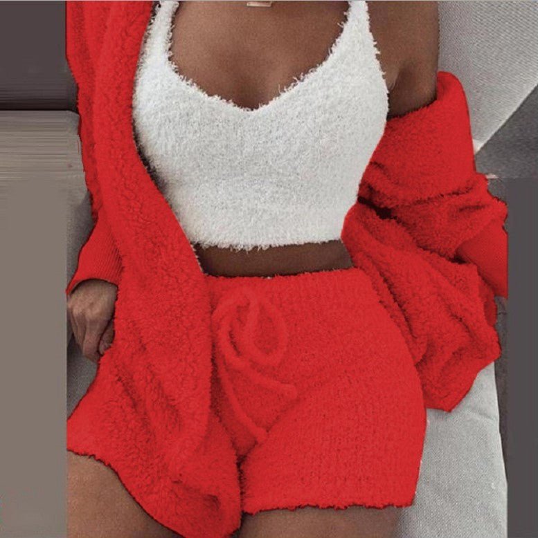 Winter Sexy Women Home Wear Suit Casual Pajamas Set Female Soft Warm Long Sleeve Exposed Navel Vest Shorts Set | Lingerie | Berlure