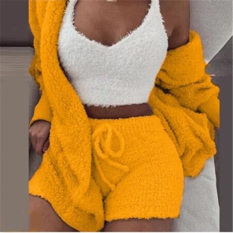 Winter Sexy Women Home Wear Suit Casual Pajamas Set Female Soft Warm Long Sleeve Exposed Navel Vest Shorts Set | Lingerie | Berlure