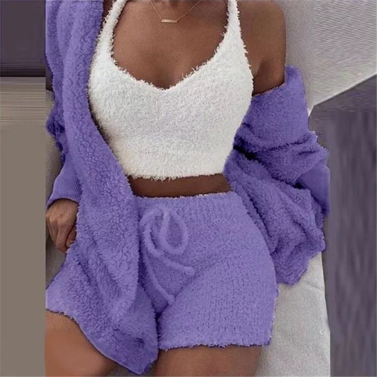 Winter Sexy Women Home Wear Suit Casual Pajamas Set Female Soft Warm Long Sleeve Exposed Navel Vest Shorts Set | Lingerie | Berlure