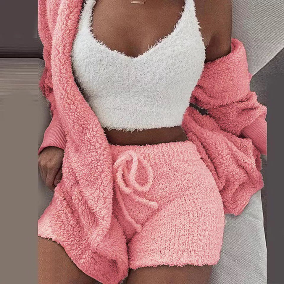 Winter Sexy Women Home Wear Suit Casual Pajamas Set Female Soft Warm Long Sleeve Exposed Navel Vest Shorts Set | Lingerie | Berlure