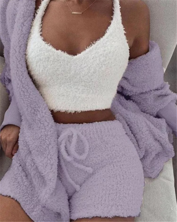 Winter Sexy Women Home Wear Suit Casual Pajamas Set Female Soft Warm Long Sleeve Exposed Navel Vest Shorts Set | Lingerie | Berlure