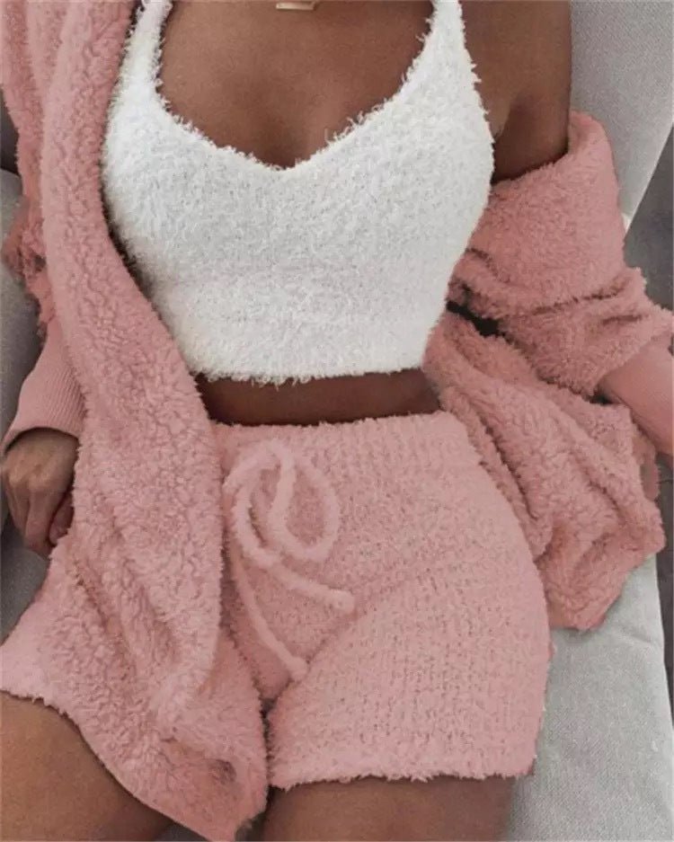Winter Sexy Women Home Wear Suit Casual Pajamas Set Female Soft Warm Long Sleeve Exposed Navel Vest Shorts Set | Lingerie | Berlure